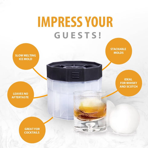 Bella Amazing- Ice Ball Molds, 2.5 Inch Round Ice Cube Molds. This Stackable Slow Melting Ice Sphere Molds are perfect for Whiskey, Scotch, Bourbon, Spirits, or any Drink (4, Black) (4, Clear)