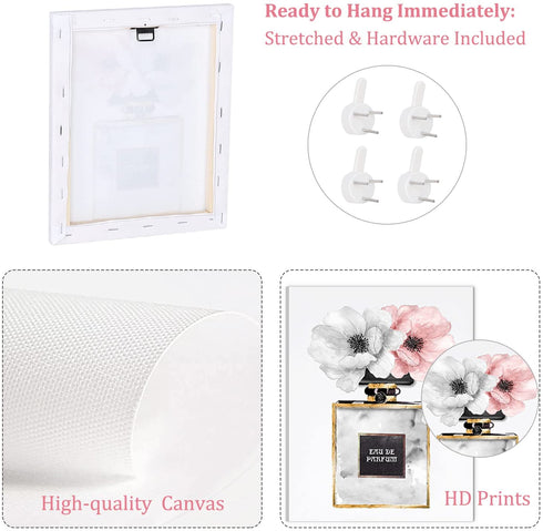 CoziTech Fashion Women Canvas Wall Art Framed, Modern Artwork for Girls Bedroom Wall Décor Pink Flowers Perfume Art Print Handbag High Heel Wall Picture Paintings for Women Room Décor. Set of 4. 8x10in - (Ready to Hang)
