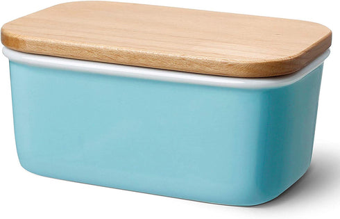 Sweese 301.102 Large Butter Dish - Porcelain Keeper with Beech Wooden Lid, Perfect for 2 Sticks of Butter, Turquoise