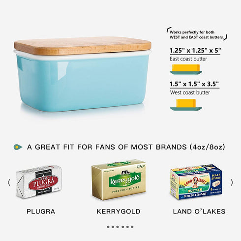 Sweese 301.102 Large Butter Dish - Porcelain Keeper with Beech Wooden Lid, Perfect for 2 Sticks of Butter, Turquoise