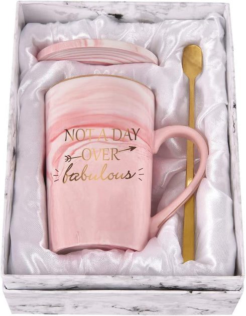 Not a Day Over Fabulous Coffee Mug Birthday Gifts for Women, Birthday Gift Ideas for Best Friends female, BBF, Her, Sister, Wife, Mom, Aunt Ceramic Marble Coffee Mug with Box Packing Pink 14OZ