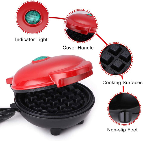 Oriental elife Mini Waffle Maker | Waffle Maker | Portable Electric Non-Stick Waffle Iron Suitable for 4 Inch Single Waffle for Breakfast, Lunch or Snack,Red
