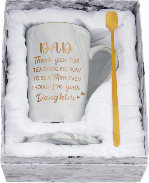 Fathers Day Mug Gifts for Dad from Daughter, Dad,Thank You For Teaching Me How To Be A Man Mug, Birthday Christmas Gifts for Dad, Funny Coffee Mugs for Dad 14Oz Gray Marble Mug with Box Spoon Coaster