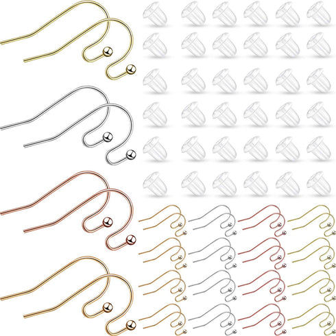 220 Pieces French Earring Hooks Ear Wire Ball Dots in Silver with 220 Pieces Clear Earring Backs Kit for Jewelry Making Bag Gift (Gold,Sliver,Rose Gold,Bronze)