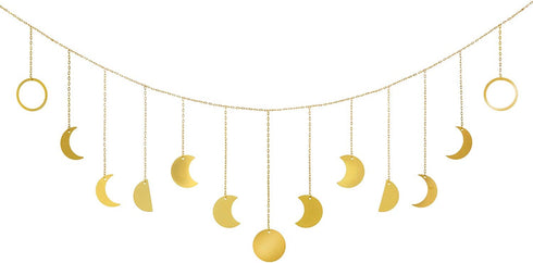 Mkono Moon Phase Wall Hanging Boho Garland Decor Home Decoration Moon Hang Art Ornaments for Bedroom Headboard Living Room Dorm Nursery Apartment Office Birthday Gift, Gold, 55"