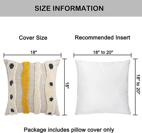 VANNCIO Boho Tufted Throw Pillow Cover with Handwoven Stripes, Linen Cotton Simple Decorative Cushion Case for Couch Sofa, 18x18 inches, 1 PC(Mustard Yellow)