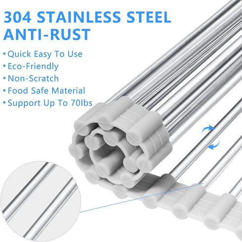 Roll Up Dish Drying Rack?Lauon Over The Sink Multipurpose Dish Drainer Tray Mat?304 Stainless Steel Foldable Dish Rack (17.8''x11.8'')