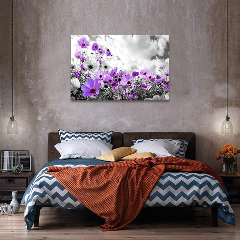 Modern Purple Flowers Canvas Art Wall Decor Black and White Framed Galsang Floral Prints and Posters Wall Hanging Decorations Ready to Hang for Bedroom Bathroom (Purple, 16x24inx1)