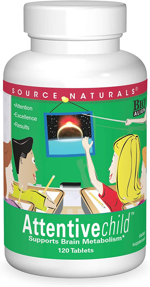 Source Naturals Attentive Child - Healthy Cognitive Nutrients for Active Children - Improved Focus & Attention with DMAE, Magnesium, Zinc & Grape Seed Extract - 120 Tablets