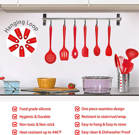 TeamFar Kitchen Utensils Set of 11, Red Silicone Cooking Utensils Spatula Set Heat Resistant For Nonstick Cookware, Perfect for Cooking Baking Mixing, Healthy & Non Scratch, Dishwasher Safe