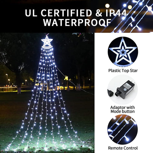 Christmas Decorations Outdoor Star String Lights,349 LED 8 Modes with 14" Topper Star Christmas Tree Lights,Star Waterfall Lights for Outside Tree Yard Wedding Home Party,Cool White