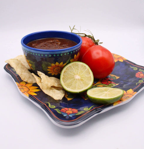 Bundle Bop Chips and Salsa Chip Dip Bowl Set - Melamine Spanish 6 Piece Small Bowl Set Painted Blue Dishes with Sunflowers - Serving Bowls for Party and Fiestas (6)