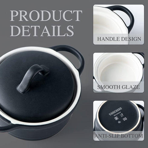 Ramekin with Lid, vancasso 6 Oz Creme Brulee Ramekins Bowls, Porcelain Soufflé Dishes Set of 4 Oven Safe for Baking, Small Ceramic Casserole Dish with Cover and Handle for Cake, Dessert, Black