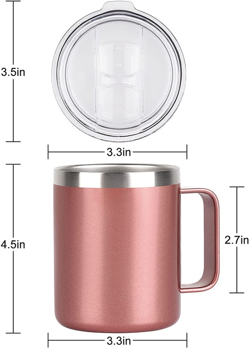 2 Pack Stainless Steel Coffee Mugs with Handle, 12Oz Insulated Coffee Mug, Double Wall Vacuum Insulated Camping Mug with Lid, Thermal Coffee Mug for Coffee, Tea, Hot and Cold Drinks (Rose Gold)