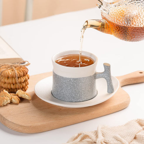 TILANY Tea Cup and Saucer Set - Snowflakes Glazed Coffee Cups with Saucer and Golden Spoon , Luxury 7 Ounce Ceramic Latte Mug Cappuccino Mugs - Drink Ware Gift For Women, Men (Grey)