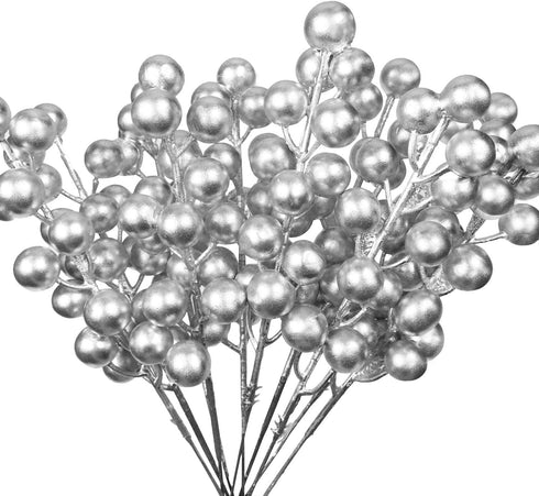 24 pcs Christmas Berries Stems Artificial Berry Stems for Christmas Tree Ornaments Crafts Holiday and Home Decor (Silver)