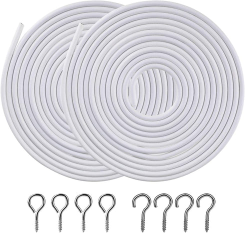 OOTSR [2 Pack White Curtain Wire, Plastic Coated Window Curtain Wire, Picture Hanging Wire with 8 Pairs of Screw Eyes and Hooks