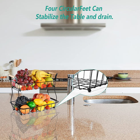 2 Tier Fruit Basket for Kitchen - Countertop Fruits Vegetable Bowl Detachable Metal Rectangular Wire Basket Stand Holder for Fruits Veggies Bread Snacks Organizer Storage