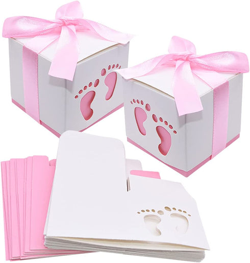 50pcs Baby Shower Party Favor Boxes, Footprint Design Candy Treat Gift Boxes for Kids Birthday Baby Shower Guests Wedding Party Supplies with Ribbon,Pink