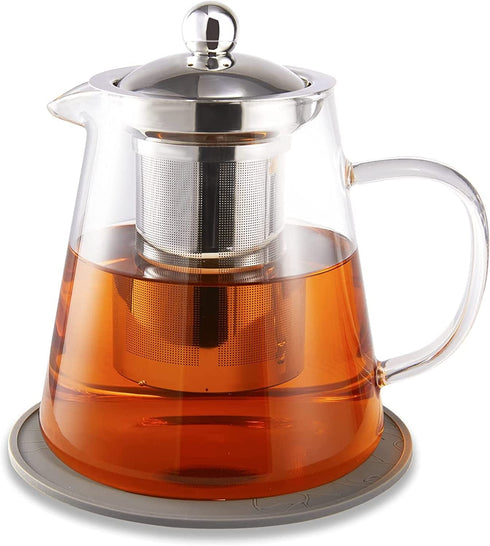 950ml/30oz Glass Teapot Kettle with Removable Stainless Steel Infuser & Matching Silicone Coasters, Stovetop & Microwave Safe Tea Pot for Loose Leaf Tea & Blooming Tea