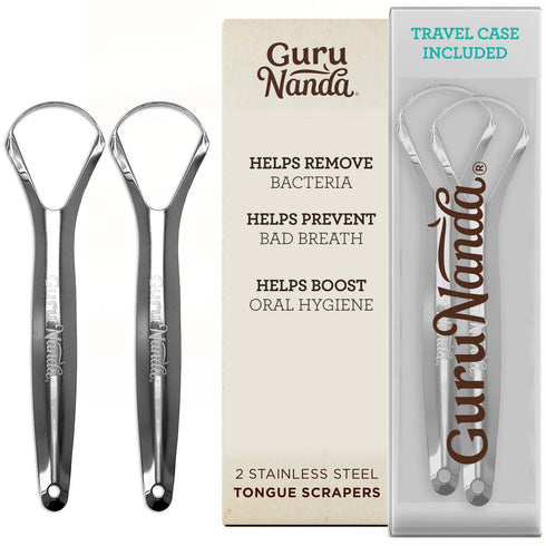 GuruNanda Stainless Steel Tongue Scraper (Pack of 2), Fight Bad Breath, Medical Grade 100% Stainless Steel Tongue Cleaner, Tongue Scraper For Adults and Kids, Great For Oral Care, Travel Friendly