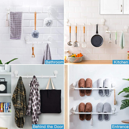 Avolare Suction Cup Towel Bar, Adjustable 24 Inches Towel Holder for Bathroom, Drill Free Removable Wall Mount Towel Rack with 5 Sliding Hooks, Hand Towel Hanger for Kitchen, Toilet, Shower, Door