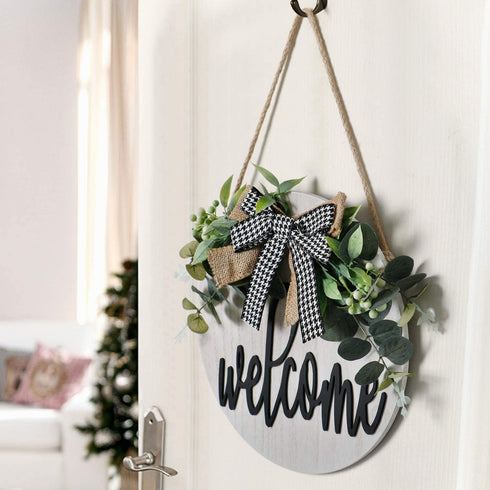 KHOYIME Welcome Sign for Front Porch - Rustic Wooden Door Hanger Farmhouse Front Door Decorations for Home Restaurant (White)