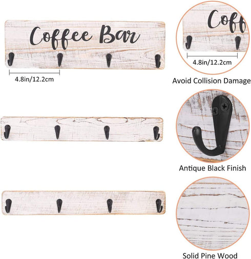 Coffee Mug Holder,Wall Mounted Coffee Mug Rack,Rustic Wood Cup Organizer with 12 Hooks,Kitchen Display Storage and Collection (White)