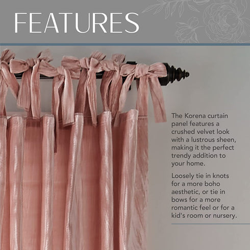 Elrene Home Fashions Korena Tie-Top Crushed Velvet Window Curtain Panel, Rustic-Chic Curtain Panel for Living Room or Bedroom, 50 Inches by 95 Inches, Blush, 1 Panel