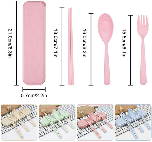 Lnrkai Travel Utensil Set with Case, 4 Sets Wheat Straw Reusable Spoon Chopstick Forks Tableware, Eco Friendly Non-Toxin BPA Free Portable Cutlery for Kids Adult Travel Picnic Camping or Daily Use