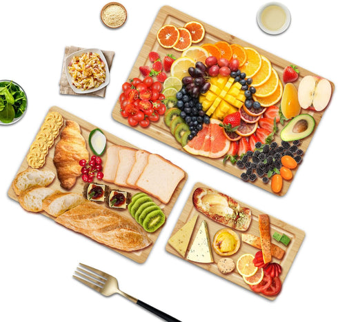 KIMIUP Bamboo Cutting Board Set for Kitchen, Wood Cutting Board Set of 3, Kitchen Chopping Board With Juice Grooves and Built-in Handles, Cutting Boards with Holder
