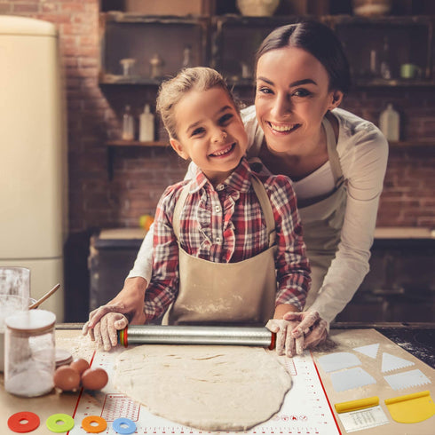 Rolling Pin with Adjustable Thickness Rings Stainless Steel 17.5" Dough Roller, 24"x16" Nonstick Silicone Pastry Mat Bench Dough Scraper Pizza Cutter Cake Smoothers Set for Baking Cookie Fondant Pie