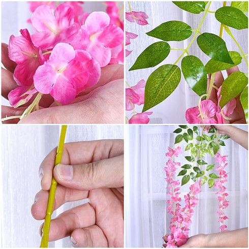 Oslimea 12 Pack 43.3 Feet Artificial Wisteria Vine Rattan Fake Wisteria Hanging Garland Flowers String Silk Wisteria Flower for Christmas Birthday Home Party Wedding Decor, Pink