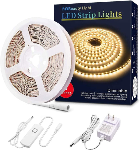 LED Strip Lights Warm White, 16.4ft Dimmable LED Light Strip with Memory Function, 300 Bright 3000K 2835 LEDs, Self-Adhesive 12v Flexible LED Rope Lights for Kitchen Cabinet Bedroom Home Party Decor