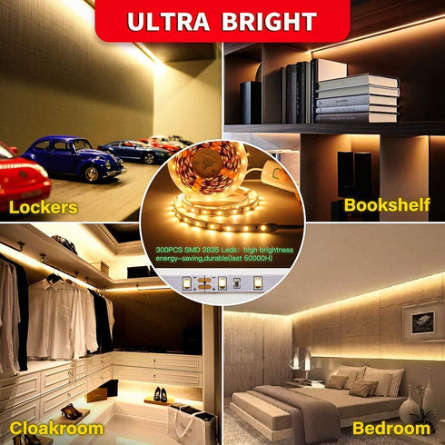 LED Strip Lights Warm White, 16.4ft Dimmable LED Light Strip with Memory Function, 300 Bright 3000K 2835 LEDs, Self-Adhesive 12v Flexible LED Rope Lights for Kitchen Cabinet Bedroom Home Party Decor