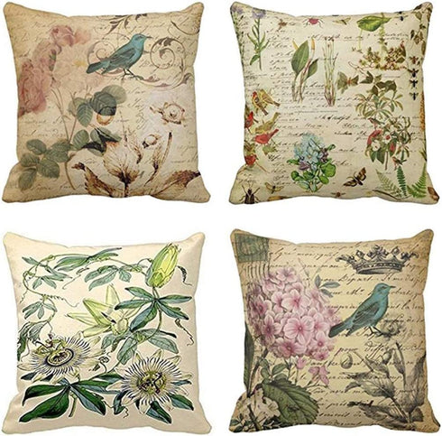 Emvency Set of 4 Throw Pillow Covers Paris French Botanical Floral Victorian Bird Rose Gardens Green Flower Decorative Pillow Cases Home Decor Square 16x16 Inches Pillowcases