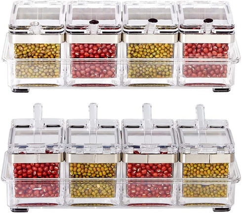 LOYUYU Seasoning Box, Seasoning Rack Spice Pots, 4 Piece Clear Acrylic Cruet, Storage Container Condiment Jars with Cover and Spoon 304 Steel Edge