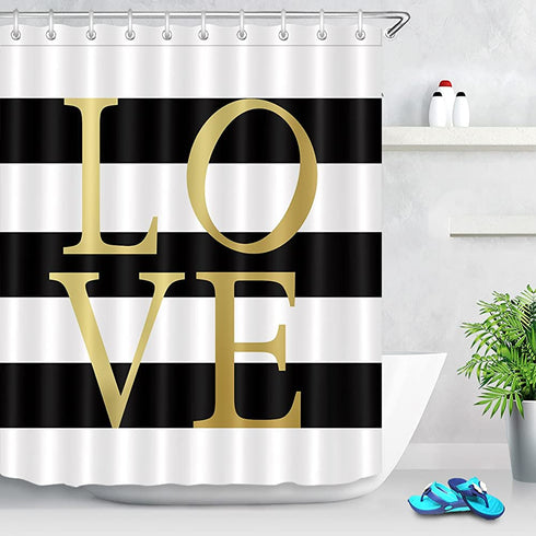 LB Black and White Shower Curtain Classic Gold Love Words Design Striped Shower Curtains Modern Bathroom Decor, Waterproof Polyester Fabric Curtain 72x72 Inch with 12 Hooks