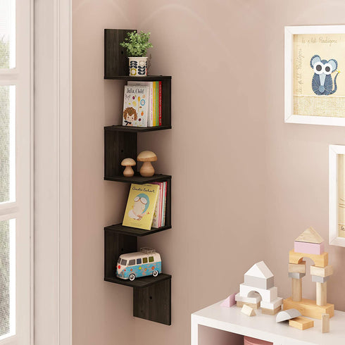 Furinno Rossi Wall Mount Floating Corner Shelf, 5-Tier Square , Espresso