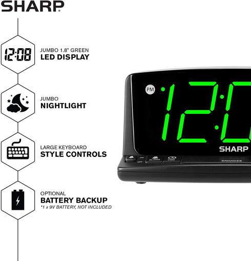 Sharp LED Digital Alarm Clock Simple Operation - Easy to See Large Numbers, Built in Night Light, Loud Beep Alarm with Snooze, Bright Big Green Digit Display