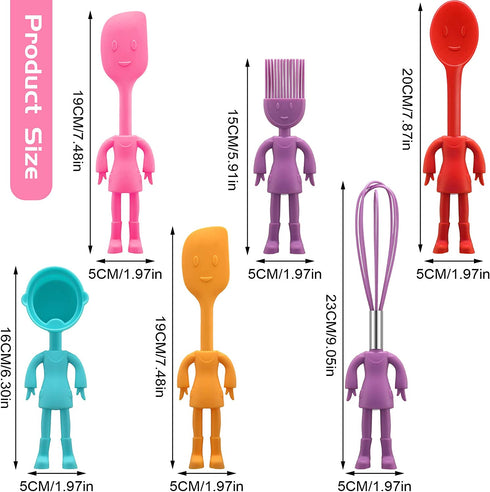 Human Shaped Kitchen Utensils Set 6 Piece Non Stick Heat Resistant Baking Tools Kitchen Gadgets Silicone Cute Utensils with Comfortable Grip Handle, Dishwasher Easy Clean and Stand up Kitchenware