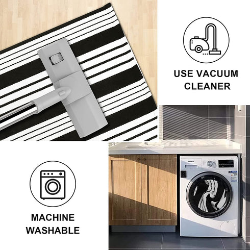 Black and White Striped Rug 27.5"x43" Outdoor Doormat Cotton Hand Woven Welcome Doormats Reversible Layered Door Mats Farmhouse Indoor Outdoor Runner Rug for Front Porch Entryway Laundry Room Kitchen