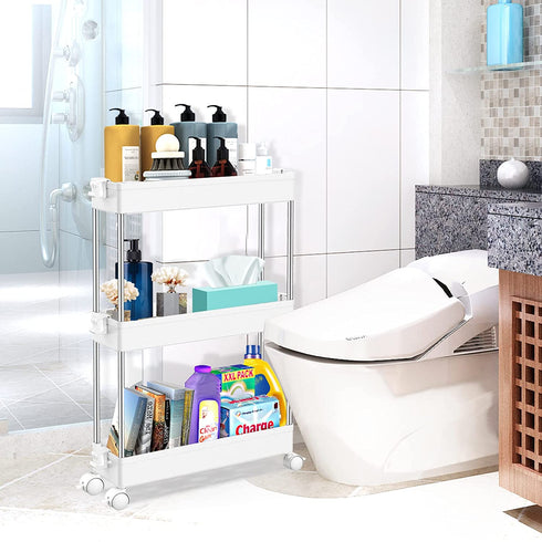 SPACEKEEPER 3 Tier Slim Storage Cart Mobile Shelving Unit Organizer Slide Out Storage Rolling Utility Cart Tower Rack for Kitchen Bathroom Laundry Narrow Places, Plastic & Stainless Steel, White