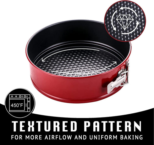 HONGBAKE 7 Inch Springform Pan with Texture, Cheesecake Pans with Leakproof Removable Bottom, Nonstick Round Cake Tin for Baking Smash Cake, Pie, Quiches, Pizza - Red & Dark Grey
