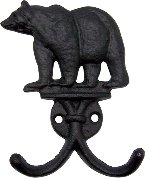 Rustic Black Bear Cast Iron Double Wall Hooks, Set of 3, 5.25 Inches