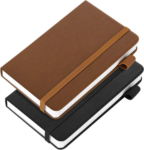 (2 Pack) Pocket Notebook Notepad,3.5" x 5.5" Ruled PU Leather Hardcover Small notepads Mini Journal Dairy with 120Gsm Thick Paper, Pen Holder,Inner Pocket,Elastic Closure-Black+Brown