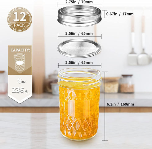 Mason Jars 8 OZ 12 Pack, AIVIKI Regular Mouth Glass Canning Jars with Silver Metal Airtight Lids and Bands for Jam, Honey, Wedding Favors, Shower Favors, Food Storage, Overnight Oats, Dry Food, Meal Prep, 12 Whiteboard Labels