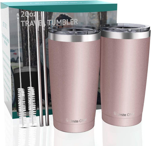 Umite Chef 20oz Tumbler with Lid, Stainless Steel Vacuum Insulated Double Wall Travel Tumbler with Straw, Durable Insulated Coffee Mug, Rose Gold, Thermal Cup with Lid