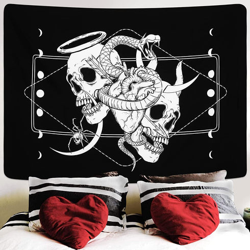 Skull Tapestry Skeleton Tapestry Gothic Tapestry Human Heart Tapestry Snake Moon Phase Tapestry Black and White Tapestry Wall Hanging for Room(59.1 x 82.7 inches)