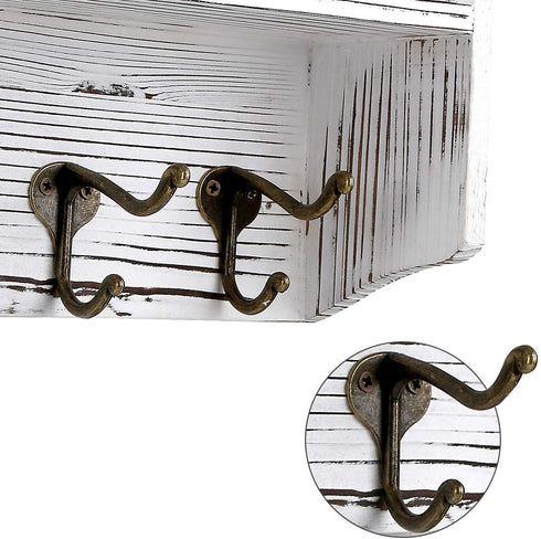 Coat Hooks Wall Mounted,White Rustic Wood Coat Rack with 5 Sturdy Bronze Hooks, White Hanging Wall Coat Hooks Rack for Entryway, Bathroom, Closet Room
